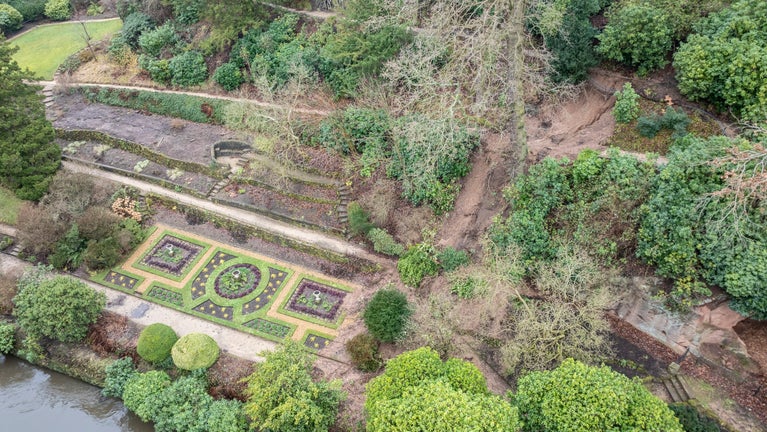 Aerial image of the landslide in the garden at Quarry Bank